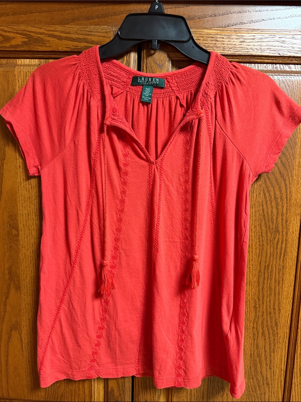 Lauren Ralph Lauren Coral-Red Short Sleeve Tie-Neck Blouse *NWOT